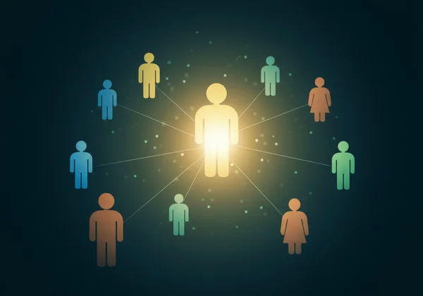 Une figure bienveillante entourée de connexions humaines abstraites, représentant le type Social RIASEC.