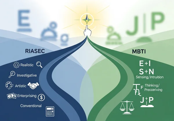 Guide aidant à choisir une voie professionnelle, comparant RIASEC et MBTI
