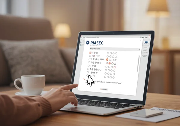 A user interacts with an online RIASEC test interface