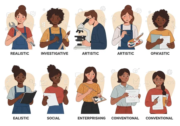 Diverse people embodying different RIASEC career types.