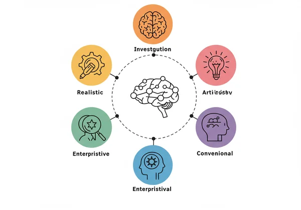 Icônes visuelles représentant les six types de personnalité RIASEC