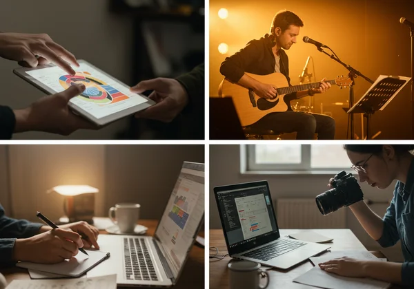 Collage of artistic careers like design, music, writing.