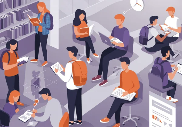 Students studying and collaborating, with an abstract career path.
