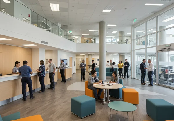 Diverse professionals in a bright, collaborative work setting.