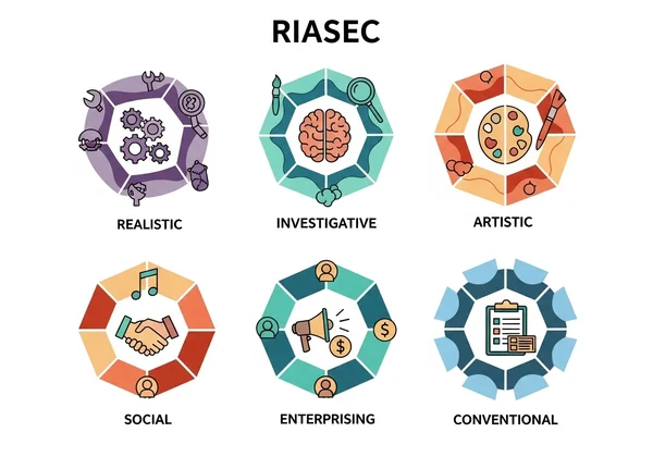 展示六种 RIASEC 人格类型的信息图