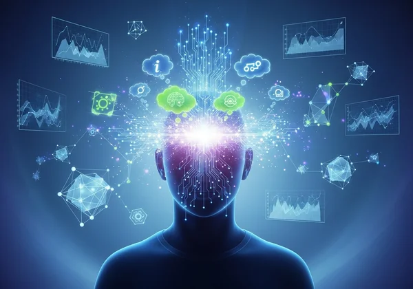 A person thinking deeply, surrounded by abstract data